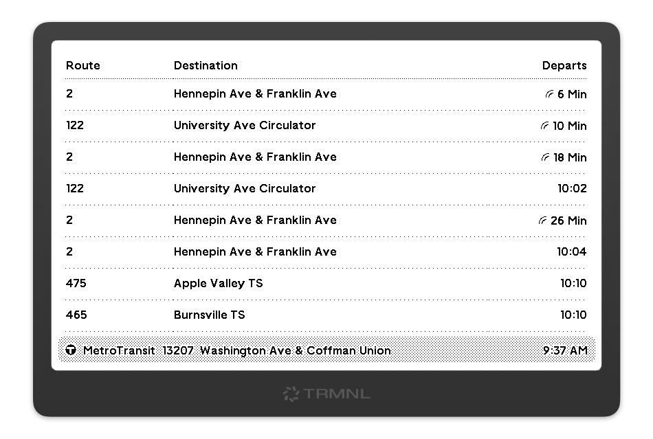 Screenshot of the TRMNL showing the next buses scheduled for stop 13207
